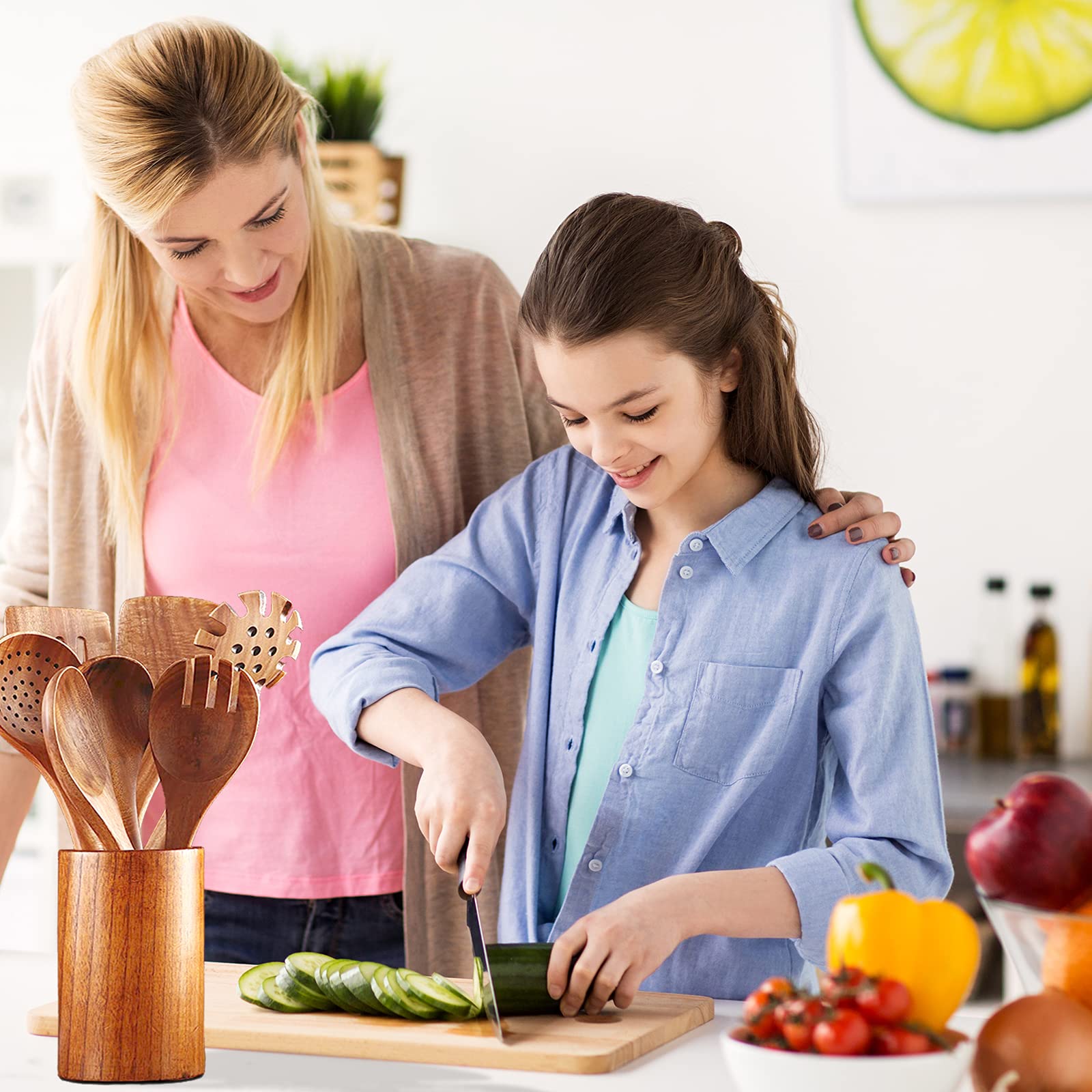 Family cooking with BOKALAKA wooden kitchen utensils - safe non-stick cookware friendly tools